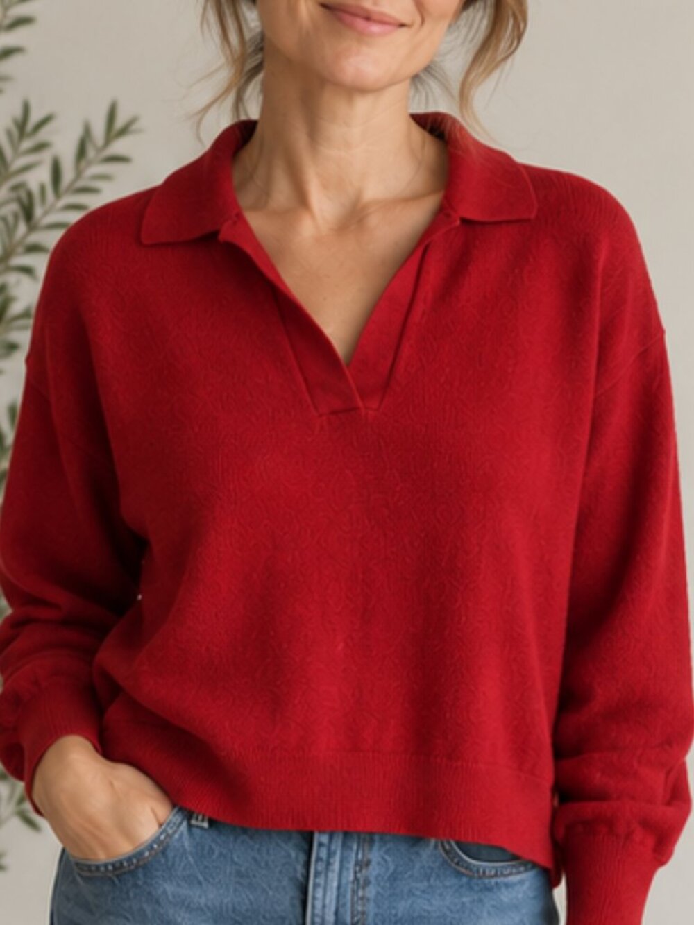 100% Extra Fine Merino Wool Red Polo Sweater PTP21